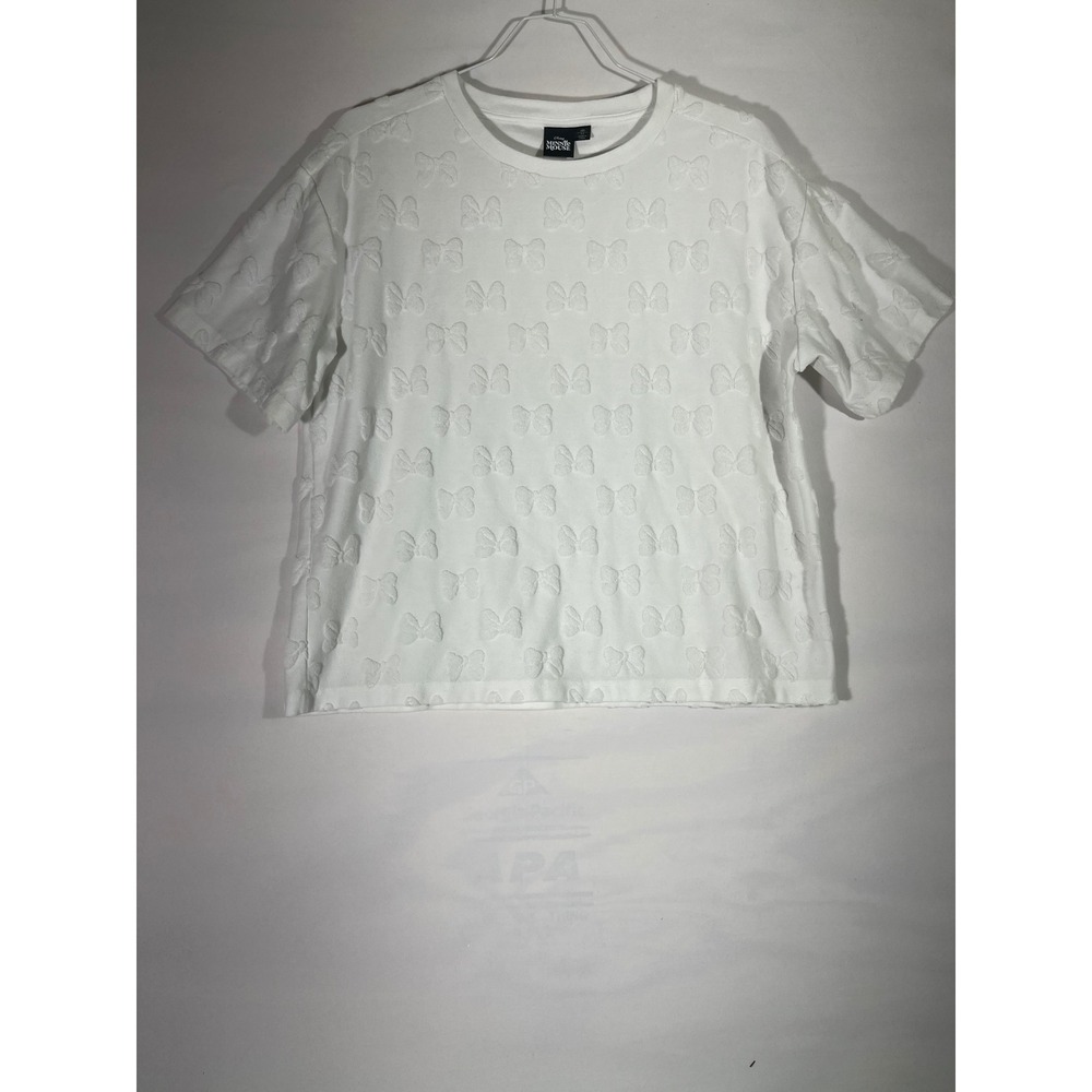Disney Minnie Mouse Bow Textured T Shirt Womens M White Terry Cloth Short Sleeve